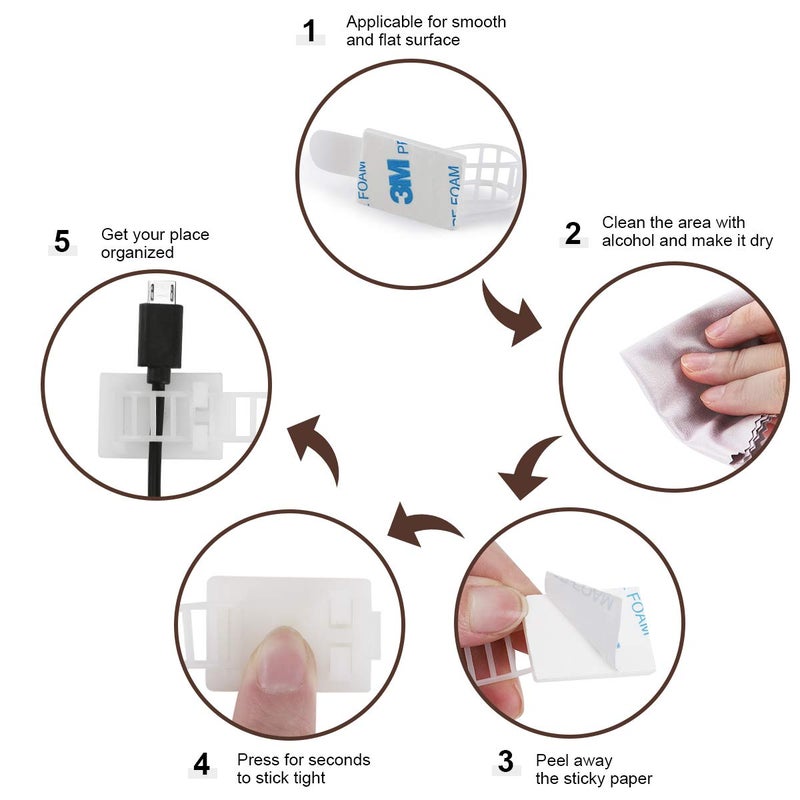VAMRONE 50Pcs Adhesive Cable Management Clips with 50Pcs Zip Ties, Adjustable Nylon Cable Strap Ties Wire Clips Clamps Organizer, Extra Screw & Hole - 3.35 Inch White - Image 5